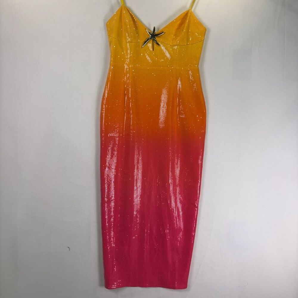 Yellow to Pink Ombre Sequin Midi Dress with Starfish Accent